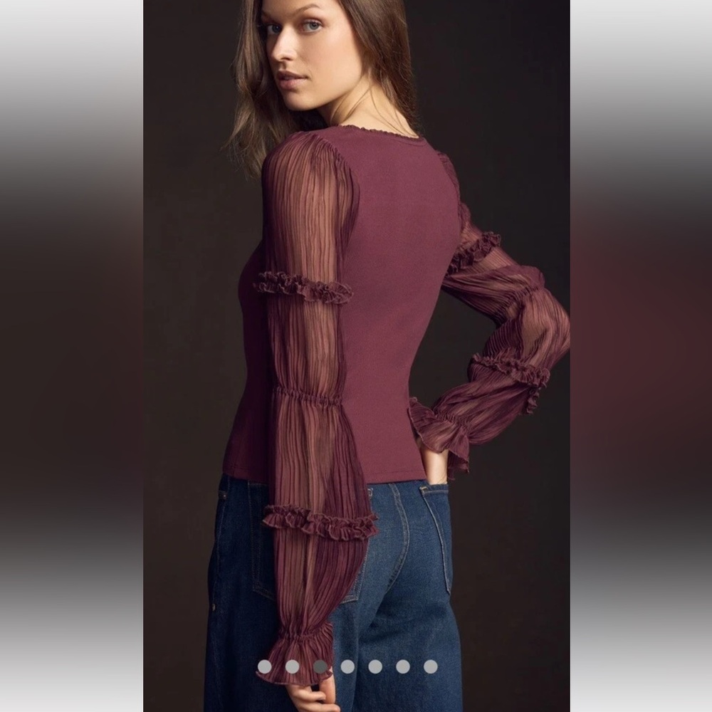 Anthropologie Burgundy Sheer Sleeve Blouse